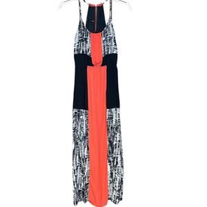 Maurice’s dress maxi length color block flowy halter black orange size small